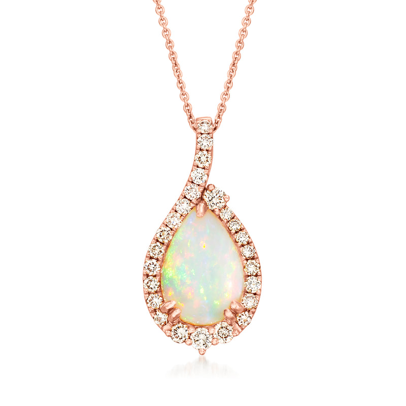 Opal pendant necklace with pear-shaped opal in diamond halo, rose-gold chain