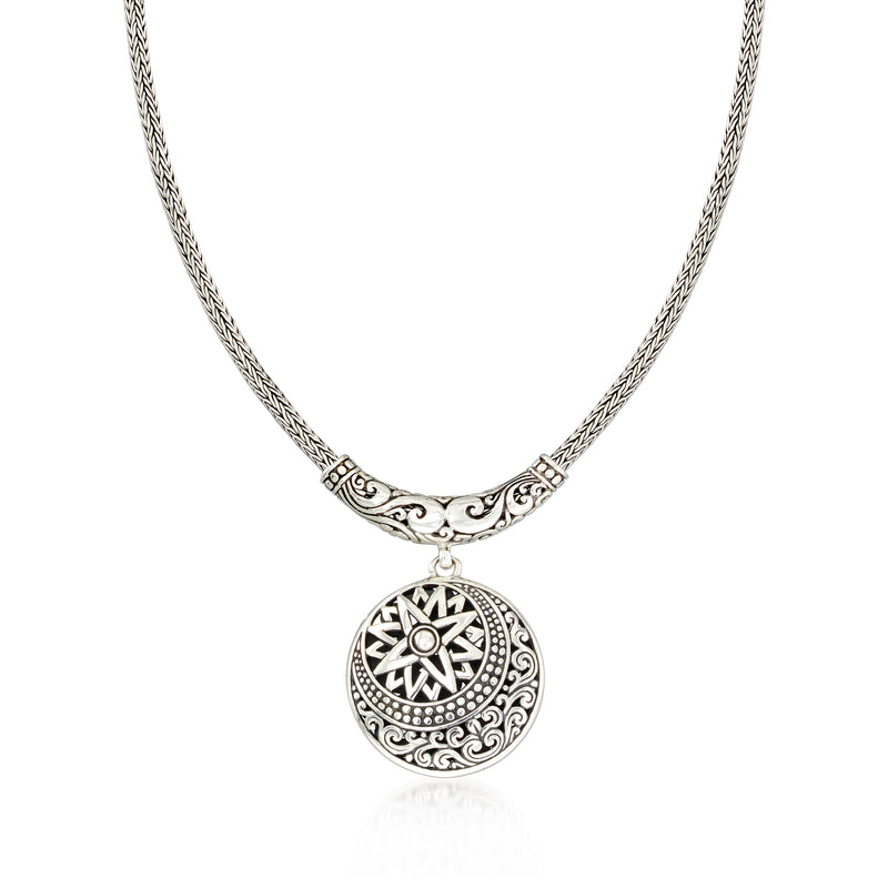 Sterling silver sun and moon pendant necklace with round engraved circular charm