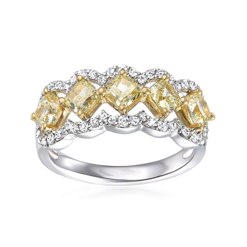 Honey gold and platinum diamond ring with sunny yellow stones and clear pave accents