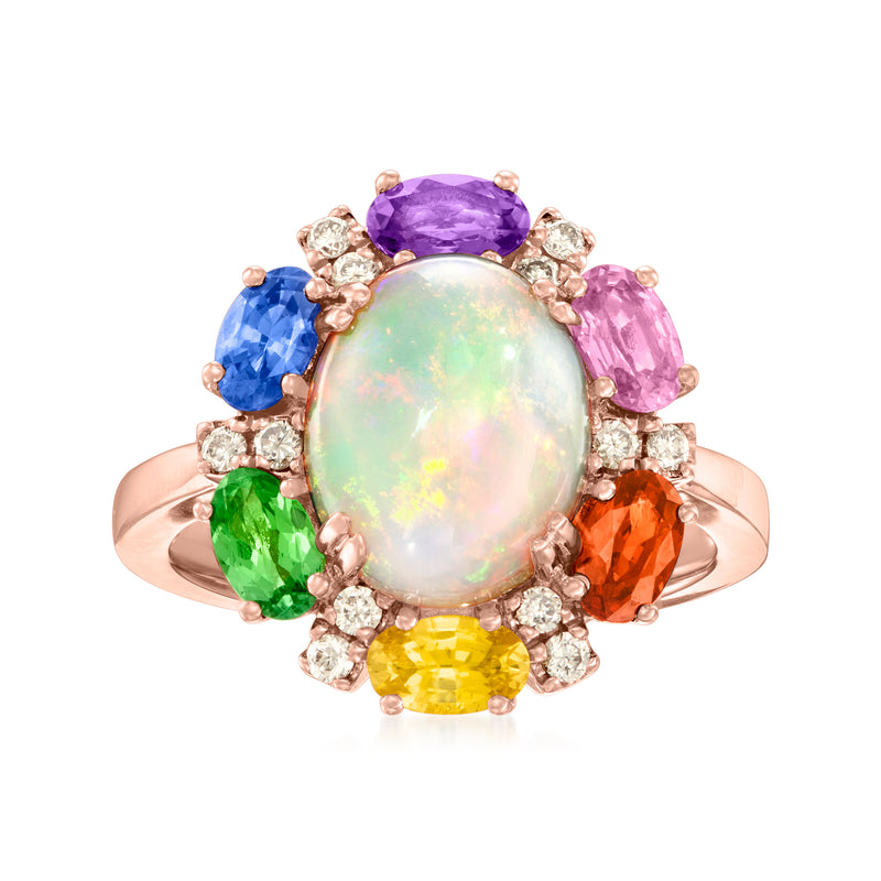 Opal oval multi-gemstone ring with colorful stones and diamond accents