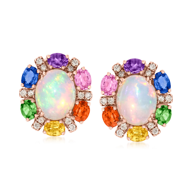 Multi-gemstone oval opal stud earrings, rose-gold with diamond halo and colorful stones