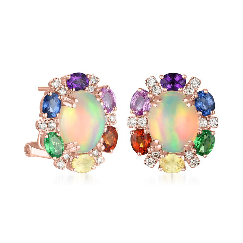 Multi-gemstone oval opal stud earrings, rose-gold with diamond halo and side stones