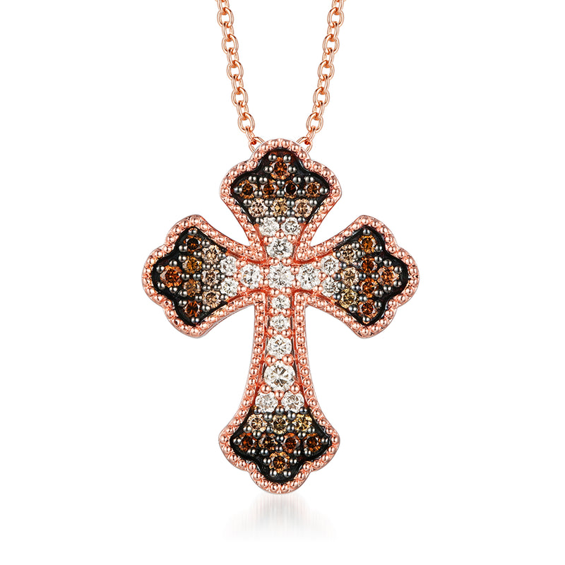 Rose gold diamond cross pendant necklace with black and white stone accents