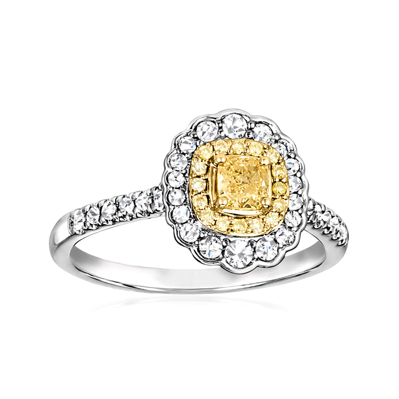 Le Vian platinum diamond ring with square yellow center and round halo