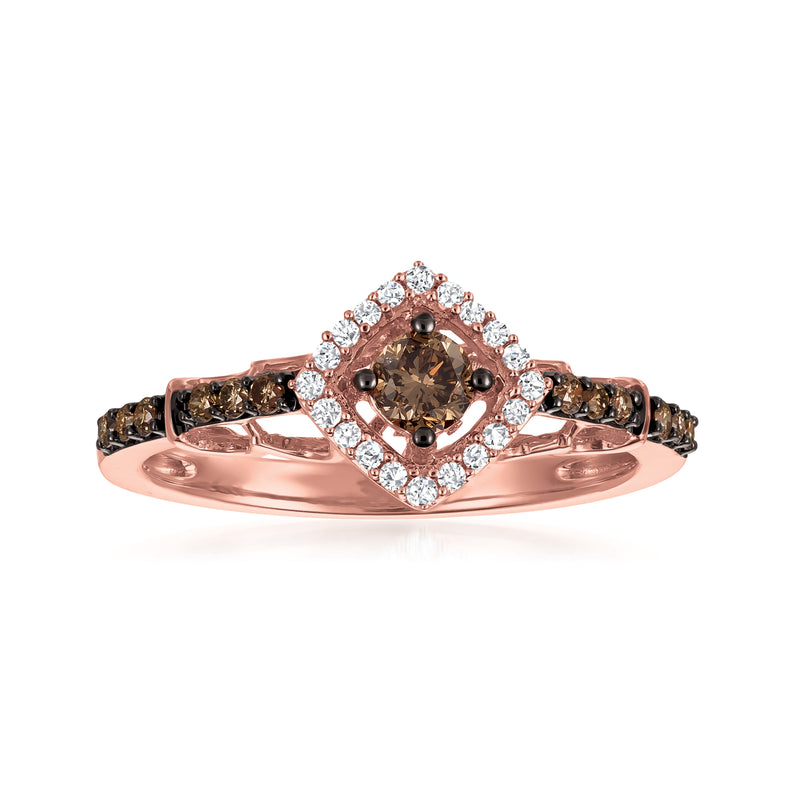 Rose gold diamond halo ring with dark center stone and sparkling side accents