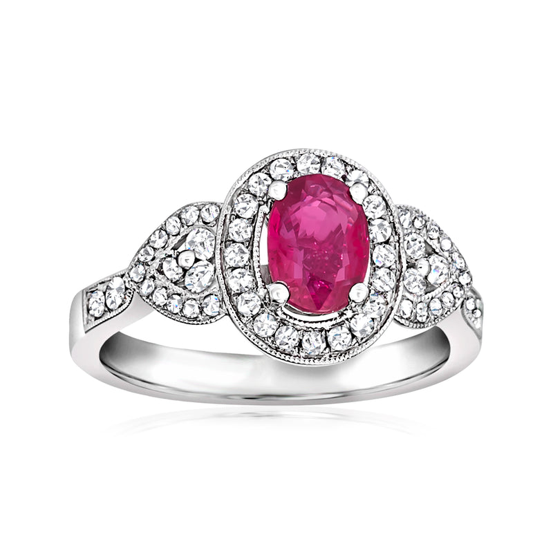 Le Vian Couture ruby ring with diamond halo and side clusters in platinum