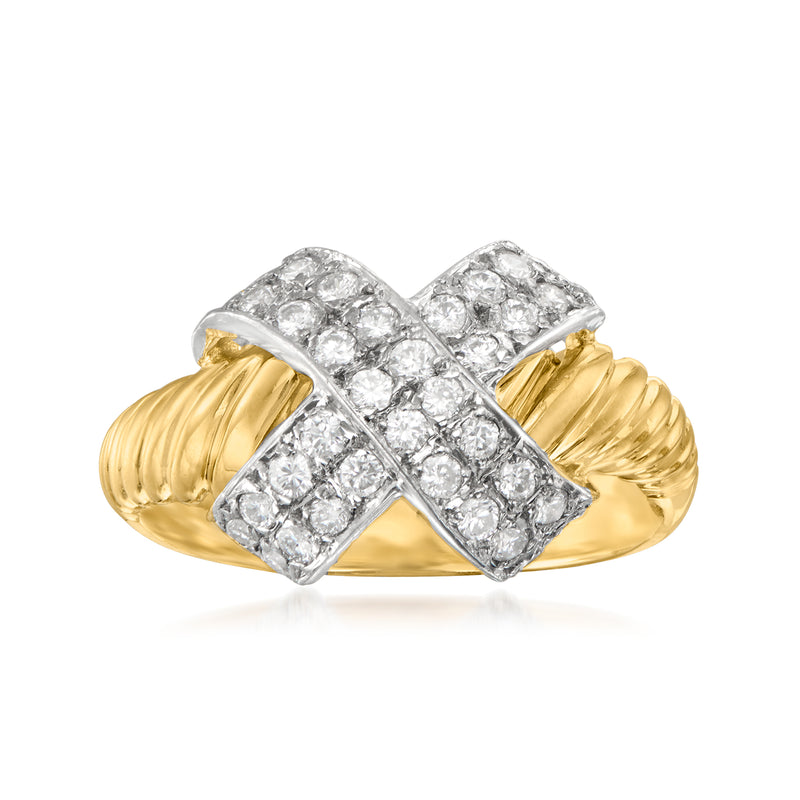 Vintage diamond X ring with platinum center and 18kt yellow gold bands