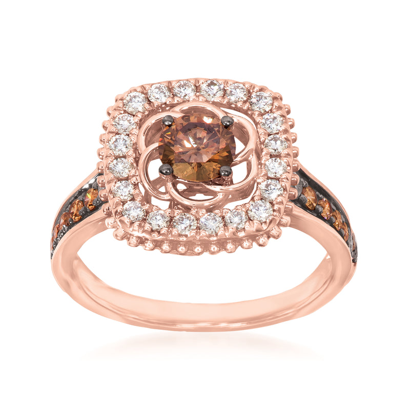 Rose gold diamond ring with oval brown center stone and white diamond halo