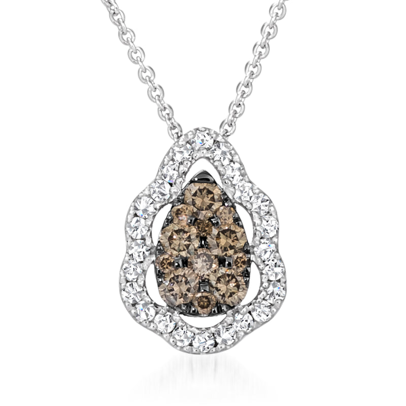 Diamond teardrop halo pendant necklace with brown center stone on silver chain