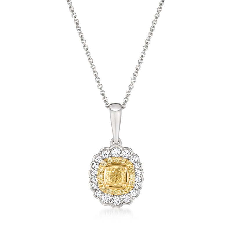 Platinum pendant necklace with sunny yellow diamond center and white diamond halo