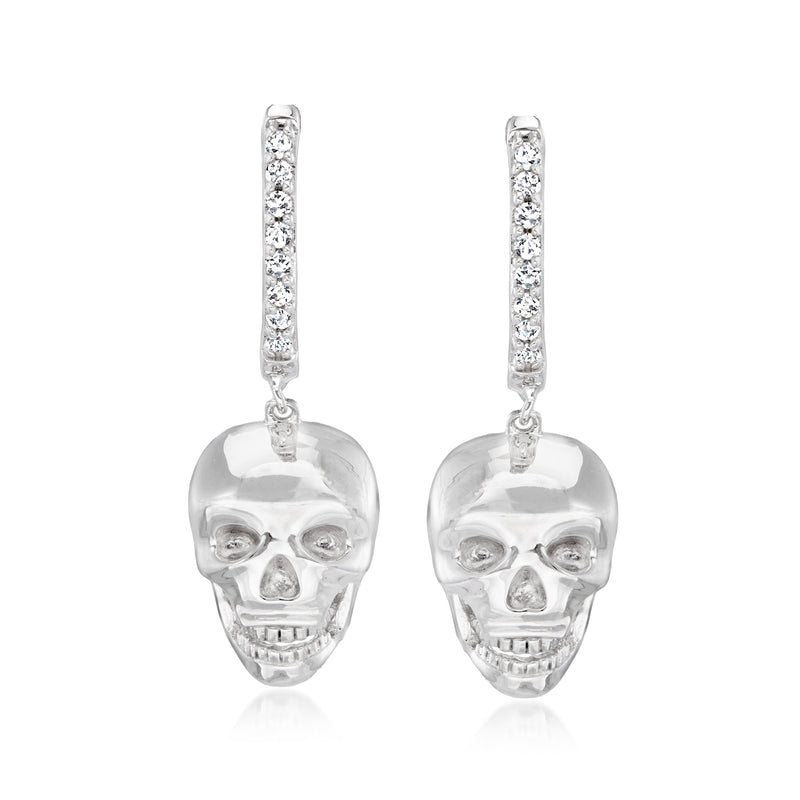 Sterling silver diamond skull drop earrings with small hoop setting