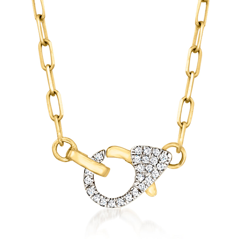 14kt yellow gold paper clip link necklace with pavé diamond clasp pendant