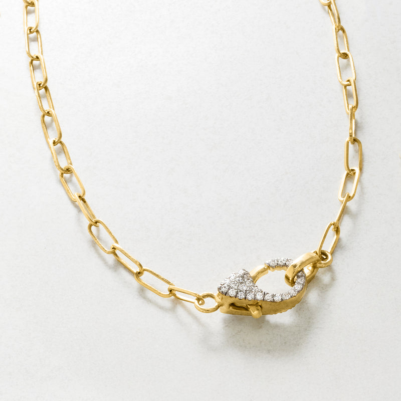 14kt yellow gold paper clip link necklace with pavé diamond clasp
