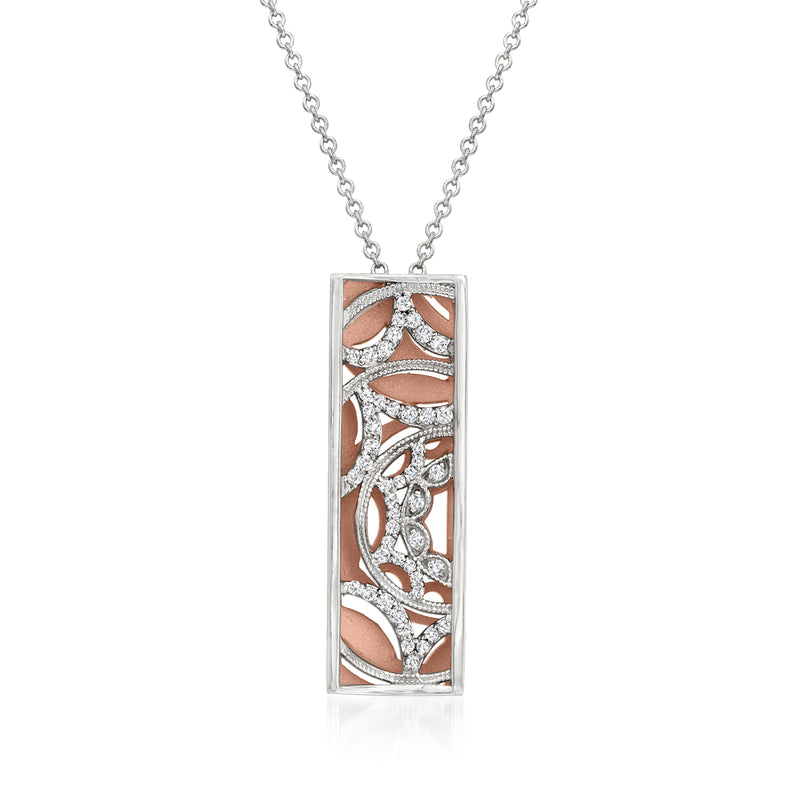 Two-tone gold diamond bar pendant necklace with rectangular openwork design and chain