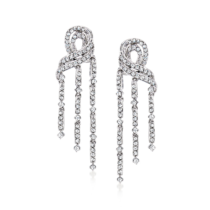 Sterling silver diamond chandelier drop earrings with dangling stones.