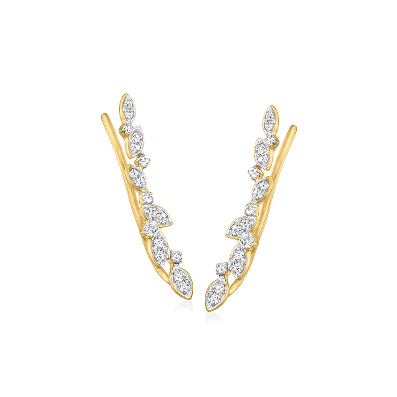 14kt yellow gold diamond leaf ear climber earrings with marquise stones