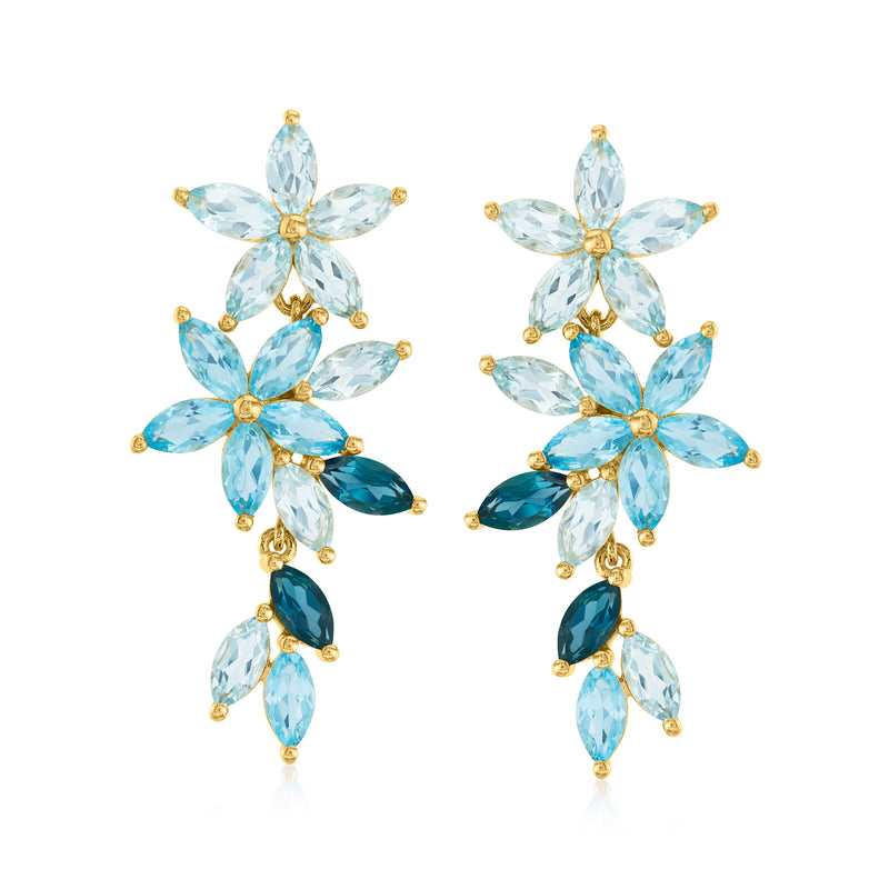 Floral drop earrings in gold-tone with light blue and dark blue marquise gemstones
