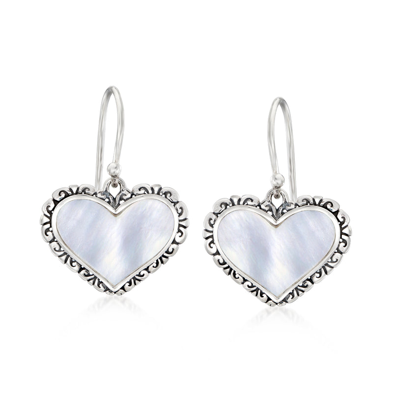Sterling silver heart drop earrings with iridescent mother-of-pearl and ornate frame