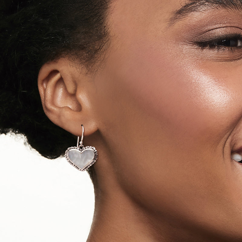 Heart drop earwire earring in sterling silver with iridescent mother-of-pearl