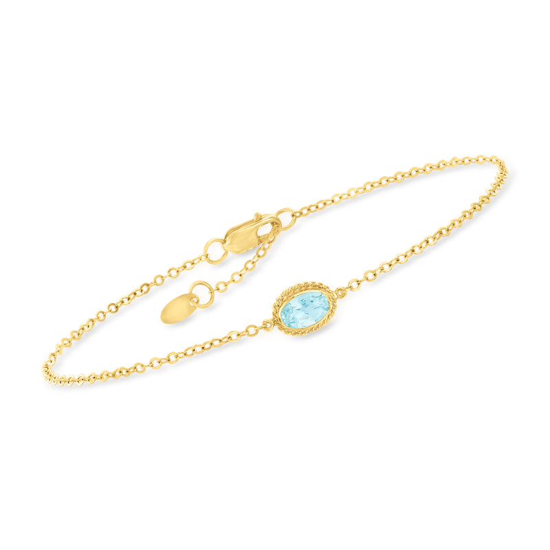 14kt yellow gold link bracelet with oval aquamarine gemstone and double-oval clasp