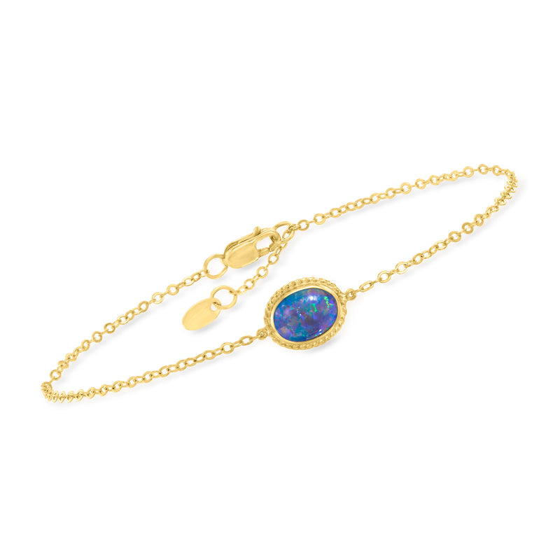 14kt yellow gold bracelet with oval blue opal charm and toggle clasp
