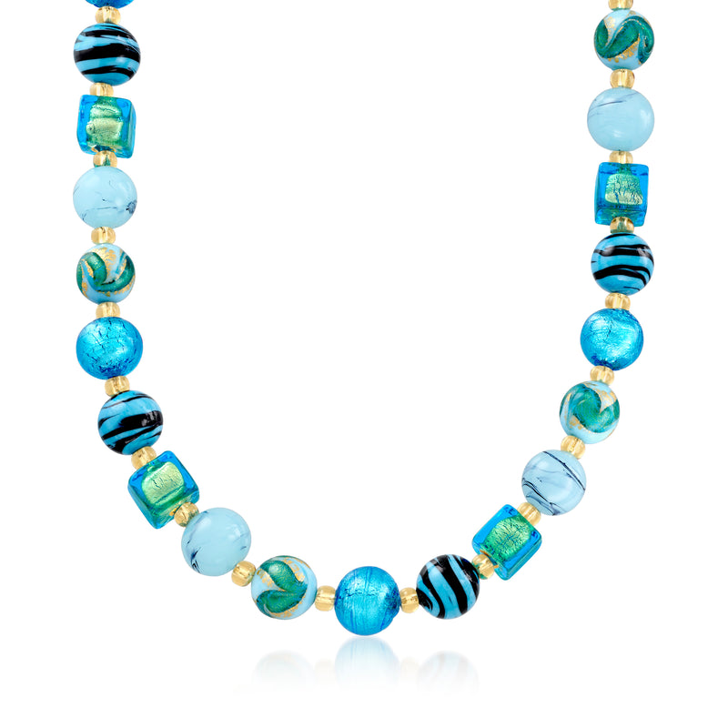 Murano glass bead necklace with blue, green, and gold beads on gold chain