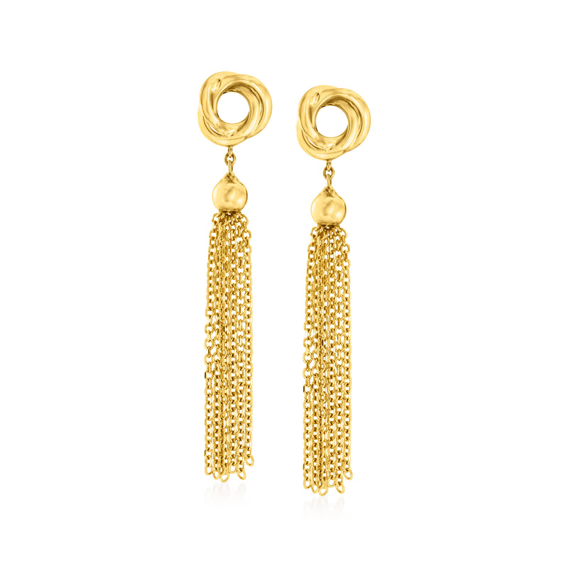 Yellow gold love-knot tassel drop earrings with chain fringe
