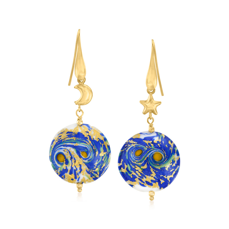 18kt gold over sterling drop earrings with blue marbled glass discs and star/crescent charms