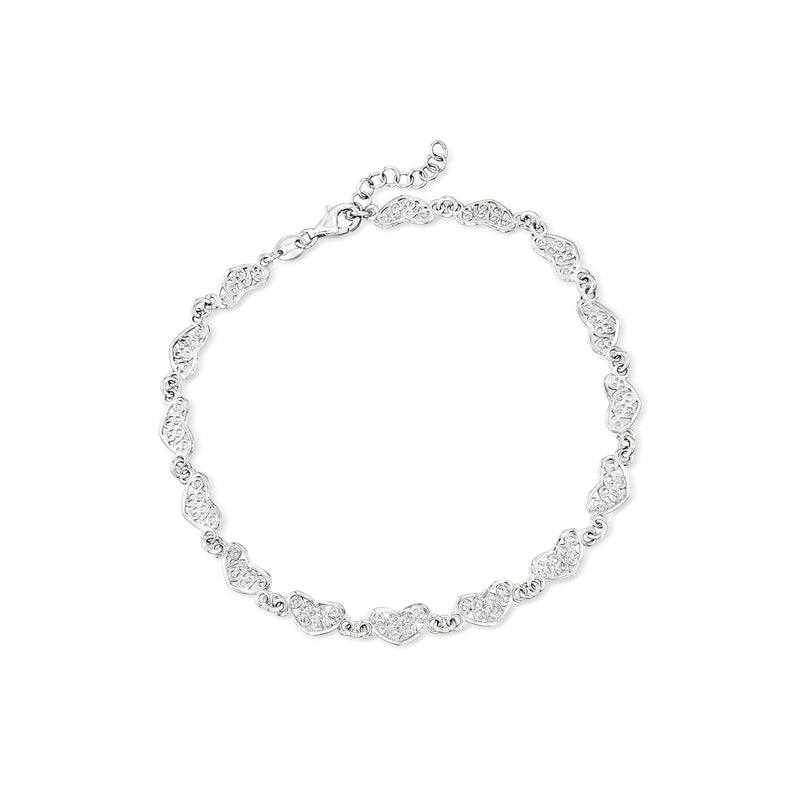 Sterling silver filigree heart-link anklet with small oval heart charms and chain
