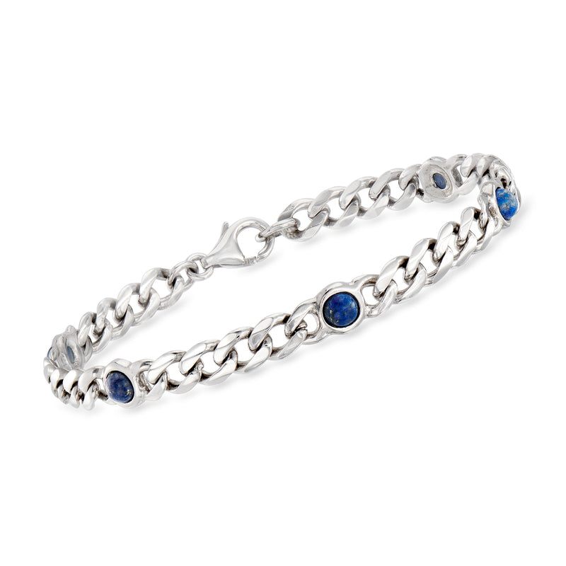 Sterling silver curb-link bracelet with blue lapis round bezel accents
