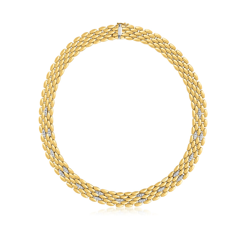 Two-tone gold panther-link collar necklace with diamond-accented links