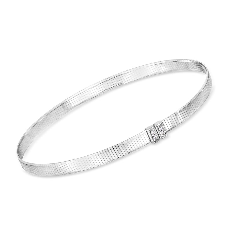 Ribbed 14kt white gold omega bangle bracelet with diamond square clasp detail
