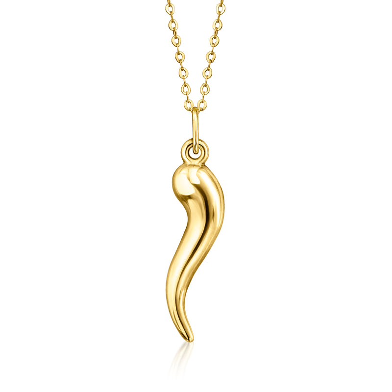 Gold horn pendant necklace with linked chain and rounded bail at top.