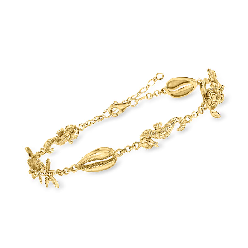 Gold over sterling sea life anklet side view with starfish and shell charms