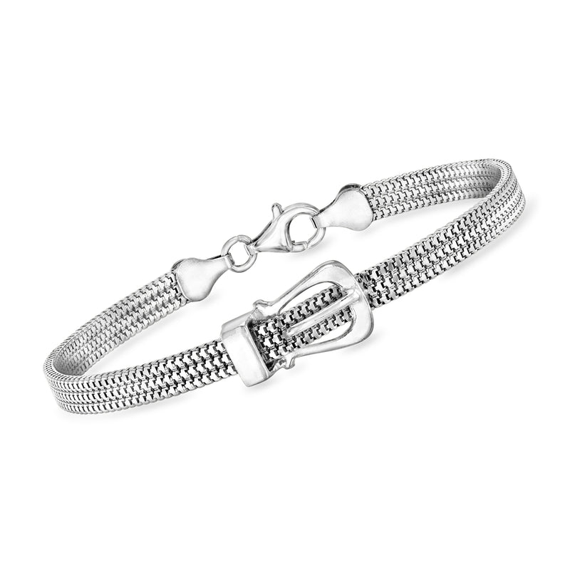 Sterling silver snake-chain buckle bracelet with rectangular clasp and round links