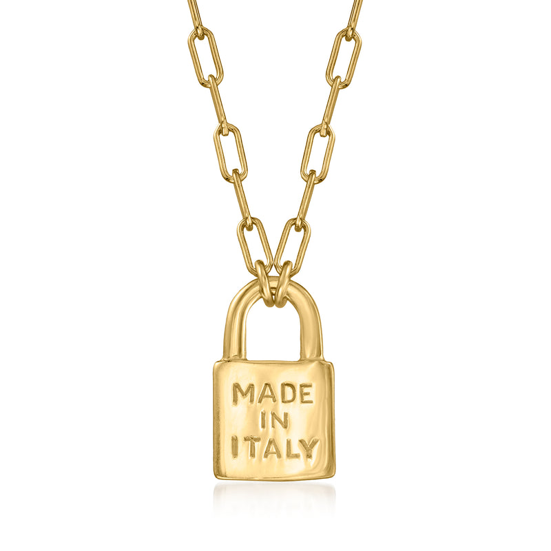 Gold over sterling lock necklace with pendant engraved “MADE IN ITALY”