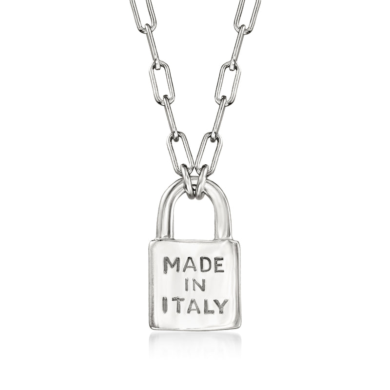 Sterling silver lock pendant necklace with chain, 'MADE IN ITALY' engraving