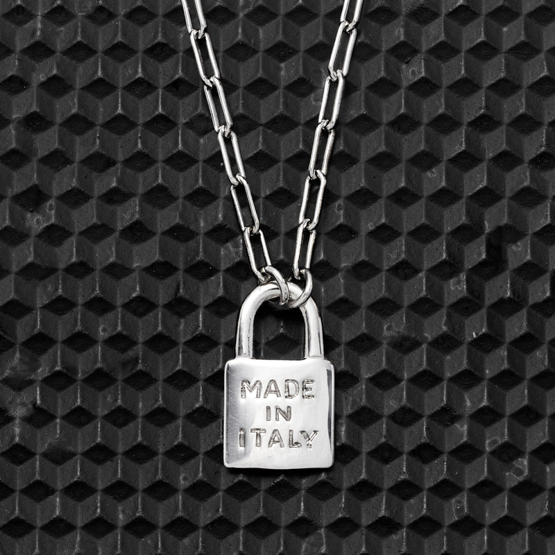 Sterling silver padlock charm necklace with 'MADE IN ITALY' text on pendant