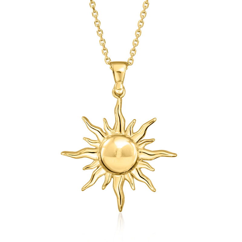 Gold sun pendant necklace with 18kt gold over sterling and linked chain