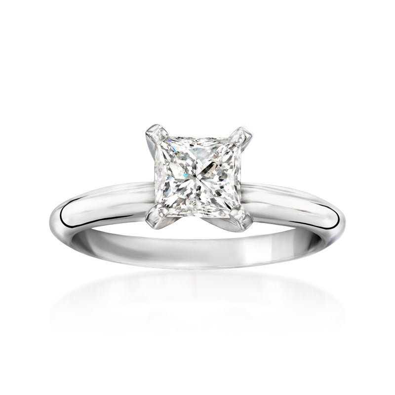 14kt white gold solitaire ring with princess-cut diamond center and four prongs