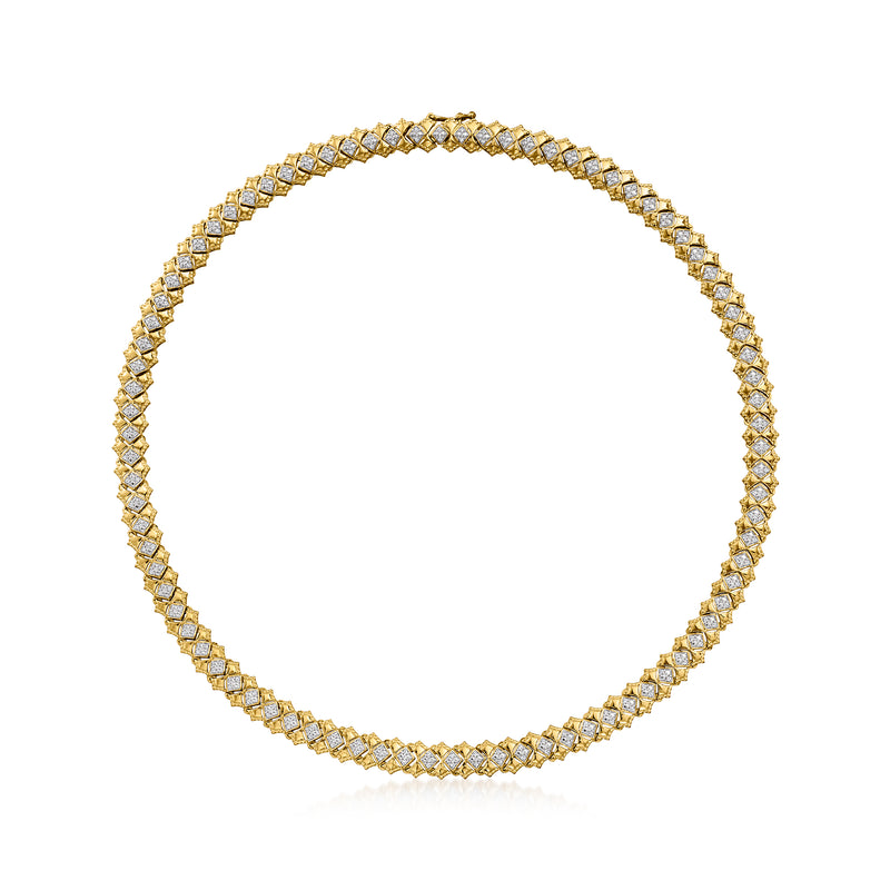 Gold-tone diamond checkered collar necklace, round bezel-set stones