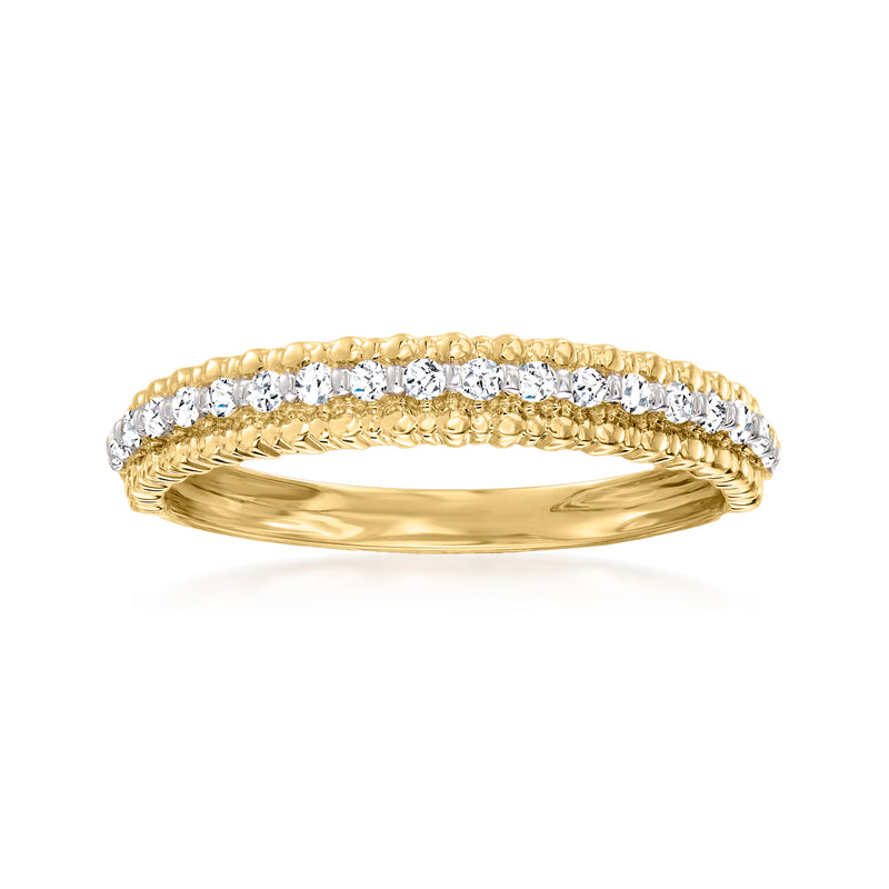 14kt yellow gold diamond-beaded ring with sparkling round stones across the band