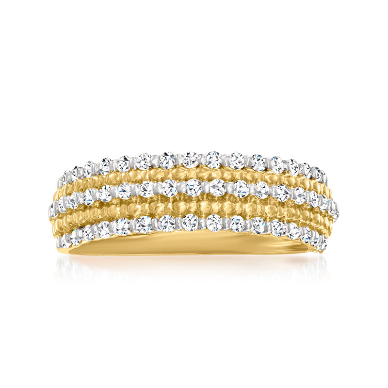 14kt yellow gold diamond beaded ring with three rows of round stones