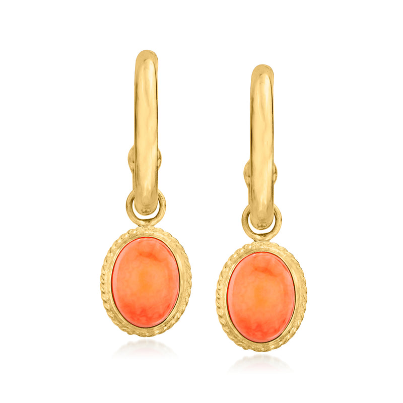 14kt yellow gold hoop drop earrings with coral round bezel charm