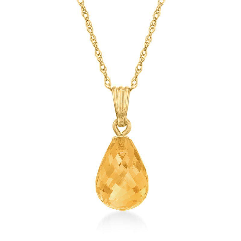 14kt yellow gold citrine teardrop pendant necklace with faceted yellow gemstone