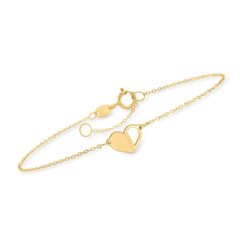 14kt yellow gold half-open heart charm bracelet with linked chain