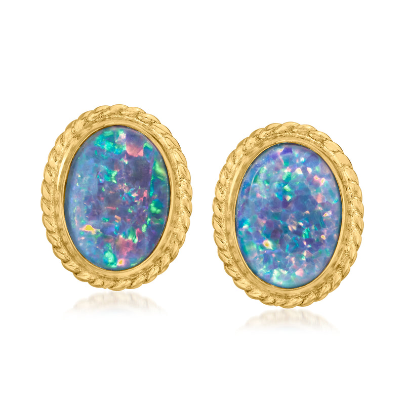 Oval opal triplet stud earrings in 14kt yellow gold, blue-green iridescent center.