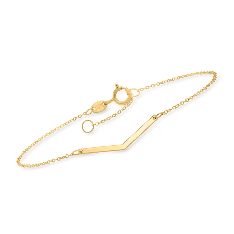 14kt yellow gold V-shaped bar bracelet with linked chain and spring-ring clasp