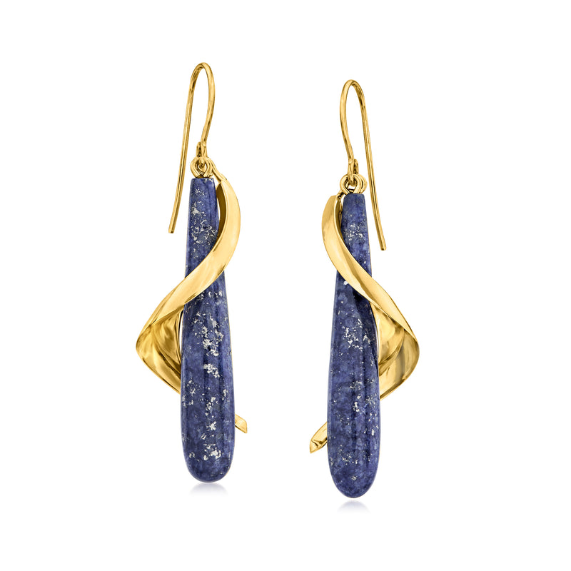 Lapis drop earrings in 14kt yellow gold with earwires and blue stone.