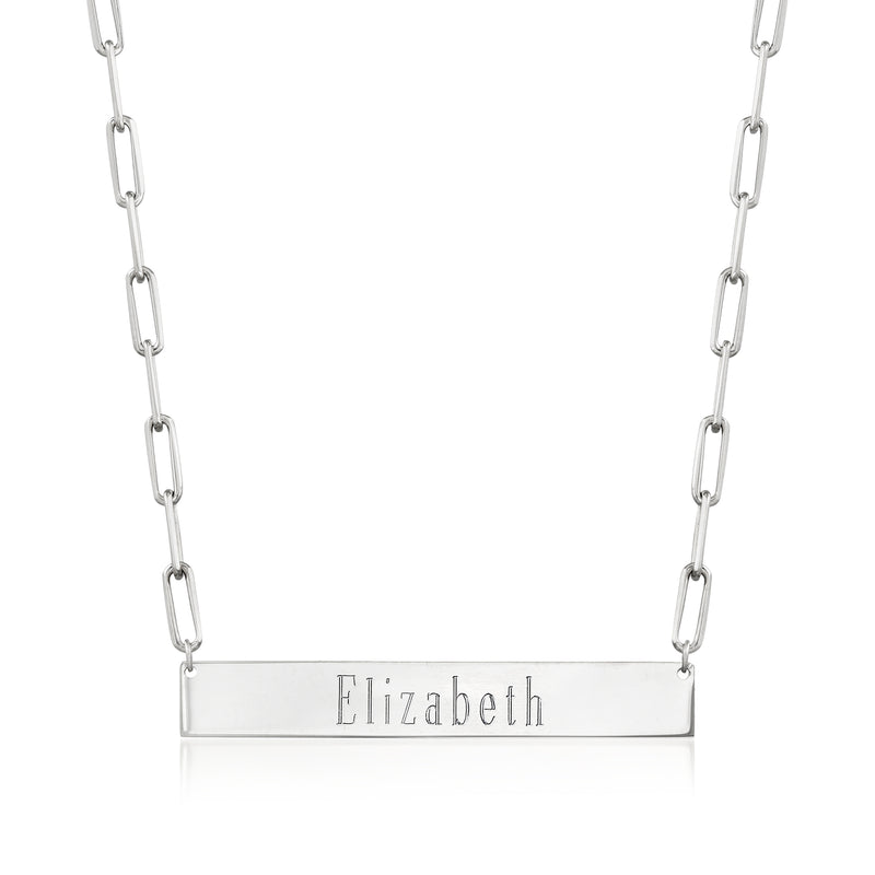 Sterling silver link necklace with engraved name bar, 'Elizabeth'